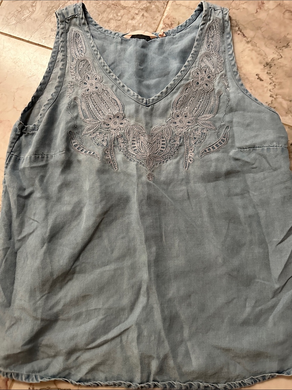 Soft Surroundings Women's Light Blue Embroidered V-Neck Tank Top